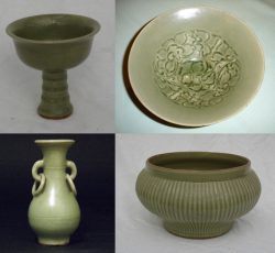 Southern Sung celadon stem cup, dish, bronze-form vase and large ribbed bowl - courtesy Glade Antiques and R&G McPherson Antiques